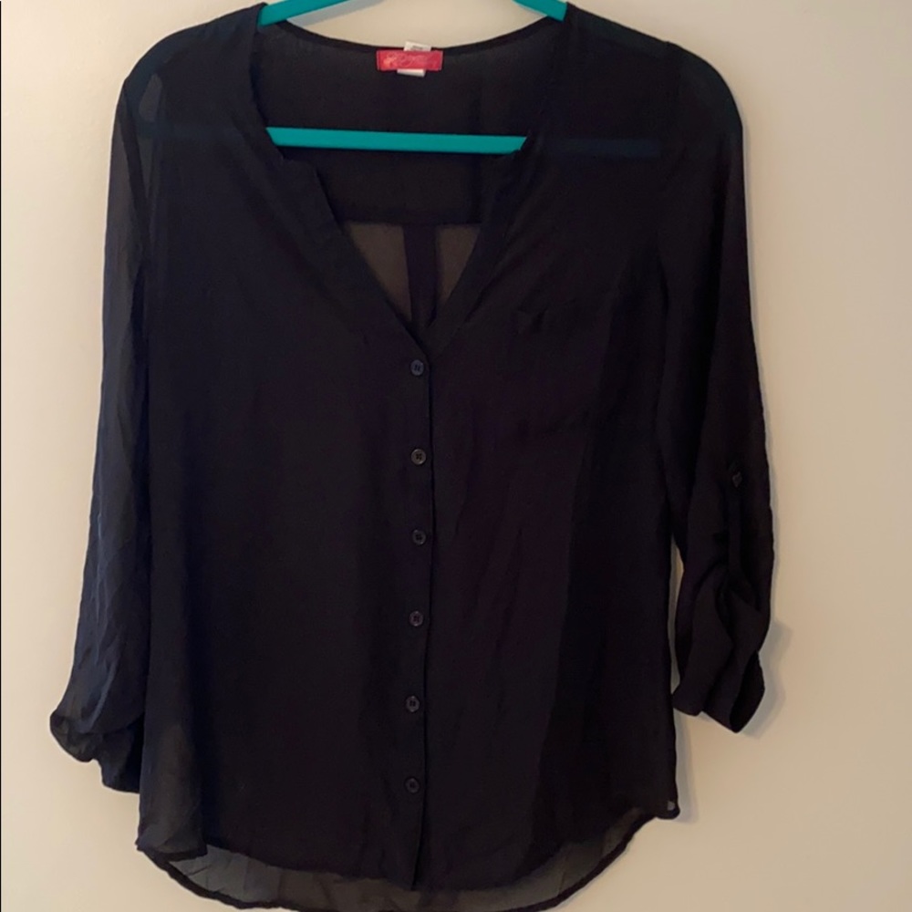 Six degrees sheer black button down top small